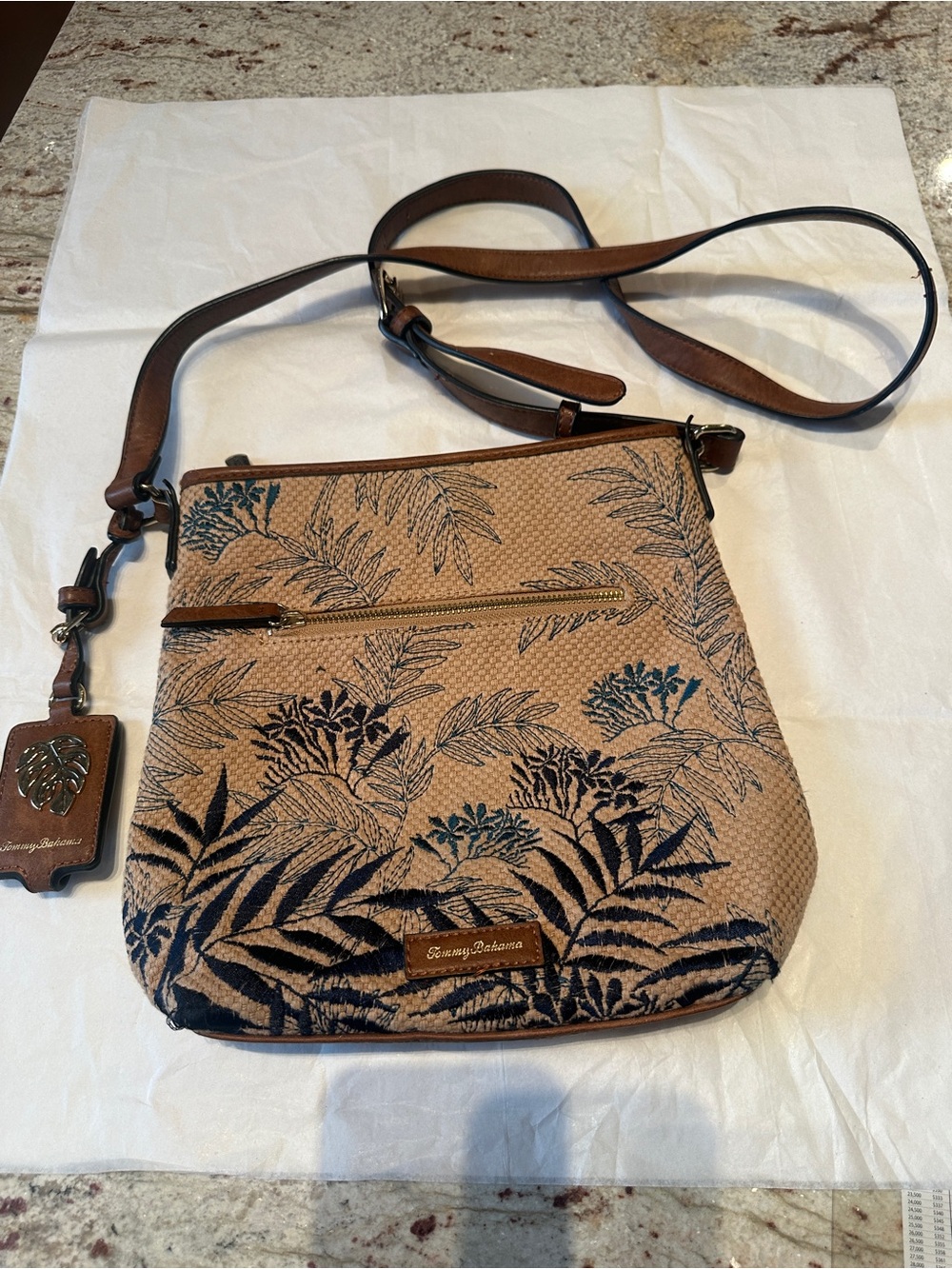 Tommy Bahama Tan Crossbody with Navy Botanical Embroidery